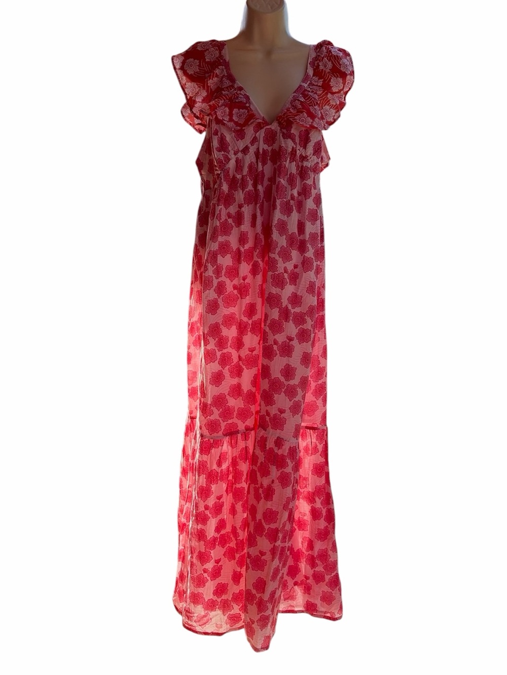 Ro’s Garden For Gorsuch Jasmin Ruffled V-Neck Maxi Dress in Pink Floral Size L